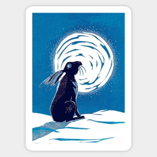 Moon Gazing Hare in Winter Linocut in Blues Sticker